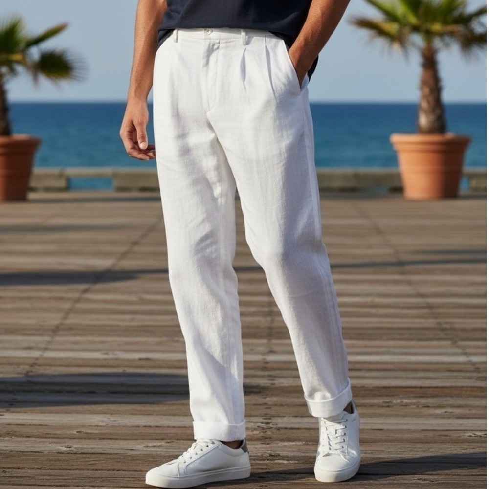 Giorgio Inserti Linen Trousers Mens 44X33 White Pleated Front Straight Leg Pants